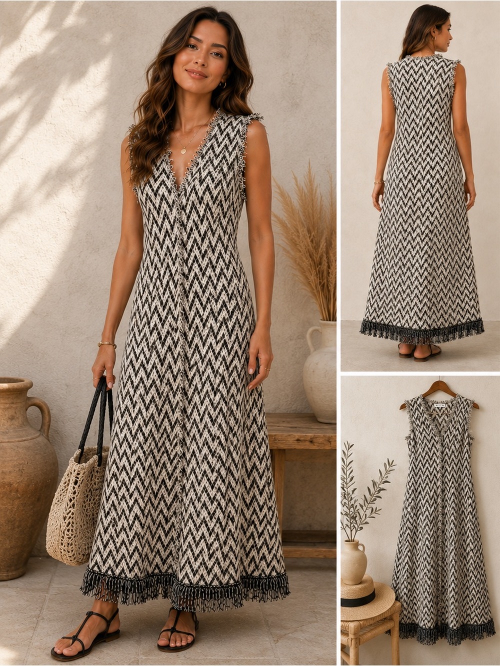 Zara Black & White Fringe Hem Dress